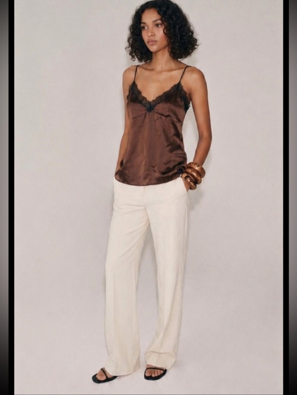 Zara Brown Satin Lace-Trim Cami